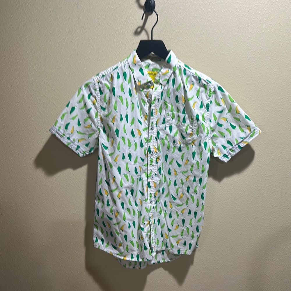 White and Green Casual Button Down Shirt with Jalapeño pattern